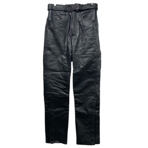Hein Gericke Black Leather Motorcycle Pants Mens Sz 32x32  Snap Bottom w/ Belt